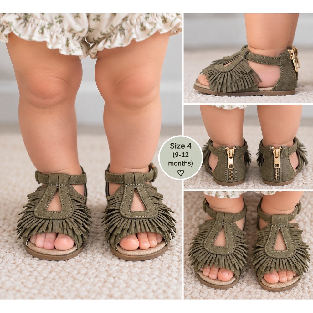 Joyfolie Baby Olive Green Suede Fringe Gladiator Sandals Zipper Back NWOT Size 4